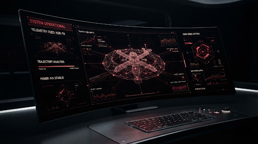 Abstract dark crimson command center holographic wireframes