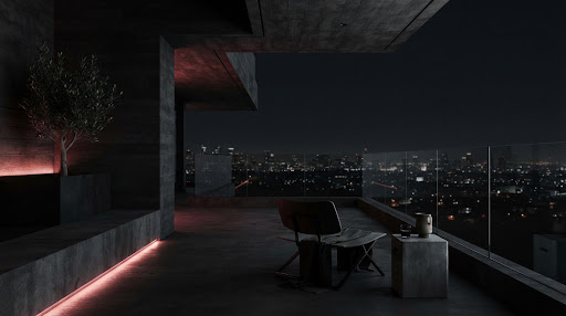 Minimalist dark concrete terrace overlooking city
